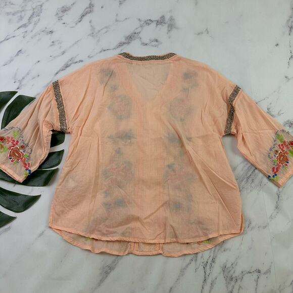 Soft Surroundings Embroidered Blouse Top Size M Orange Blue Beaded Boho Floral - Picture 9 of 13
